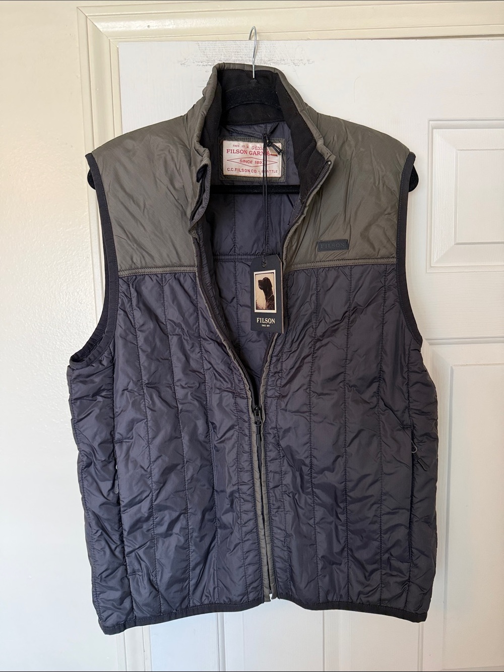Filson Quilted Men's Vest in Gray and Olive Shoulder